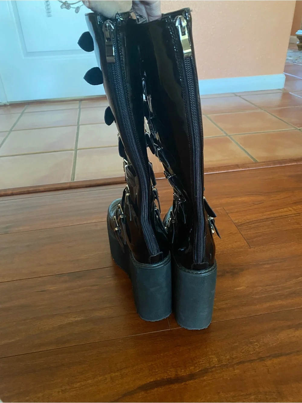 DOLLS KILL Demonia Black Patent Knee Buckle Platform Boots